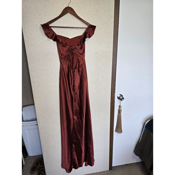 Lulus Rust Red Exuberant Luxury Satin Ruffled Lace Up Maxi Dress Size S - Picture 8 of 8